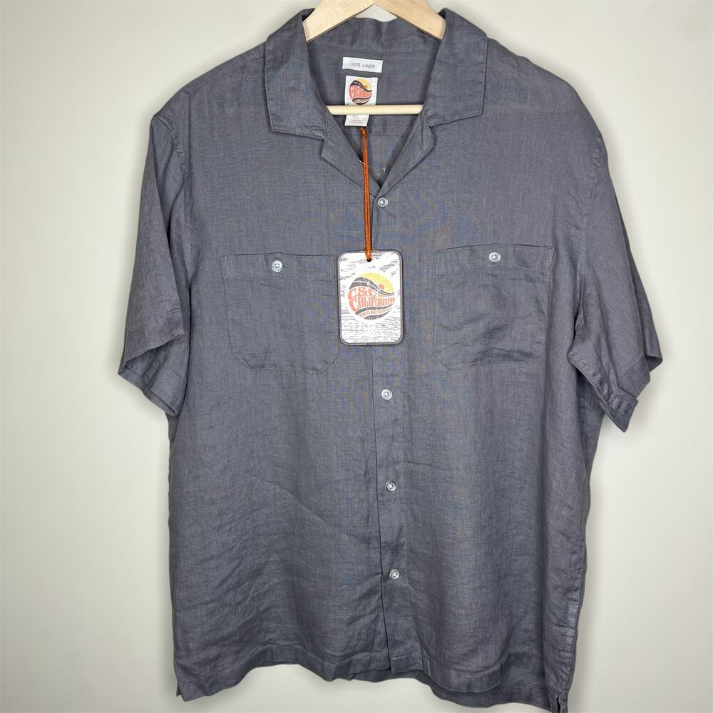 C&C California 100% Linen Camp Shirt Large Mens Gray Button Up Woven Coastal New